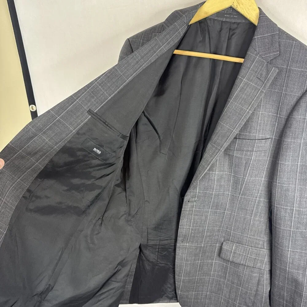 Hugo Boss Virgin Wool Windowpane Blazer Men’s‎ 38R Made USA Sports Coat Gray